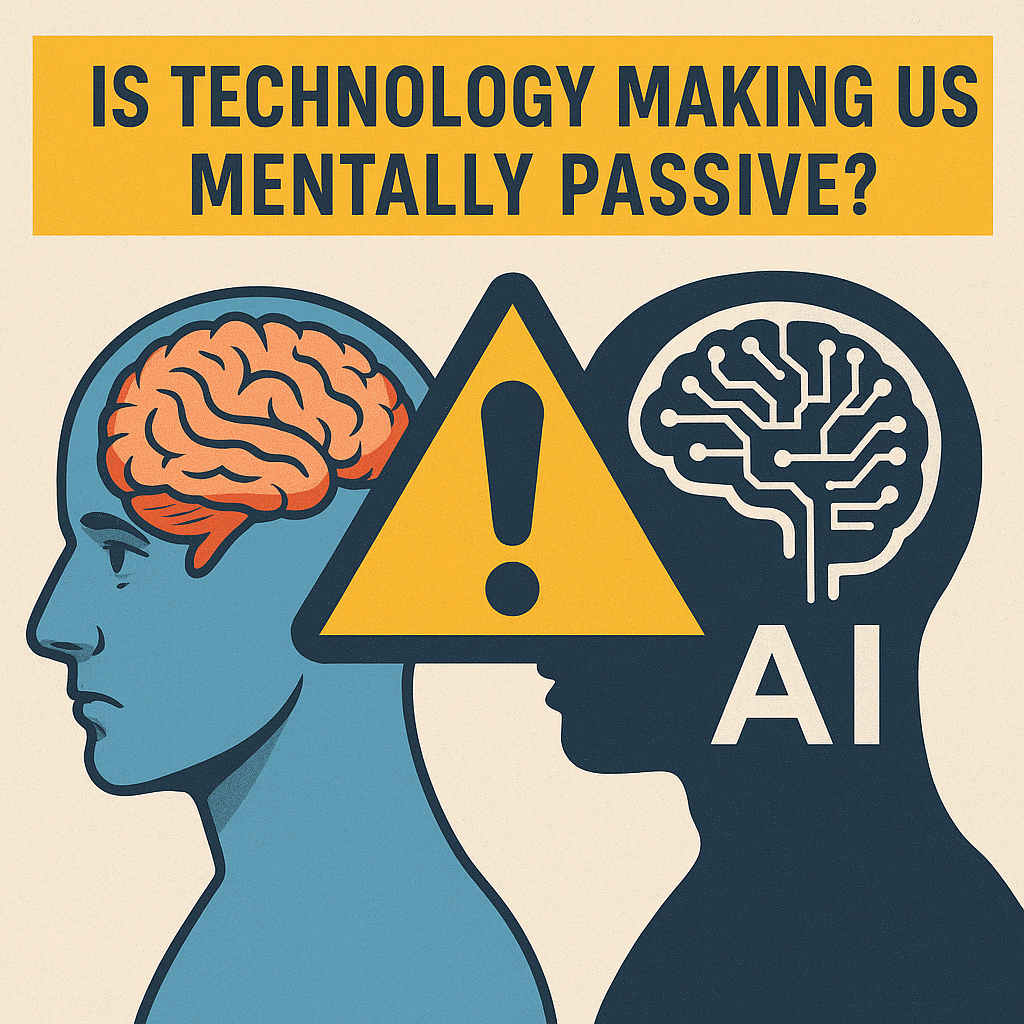 Human and AI brain comparison with mental passivity warning